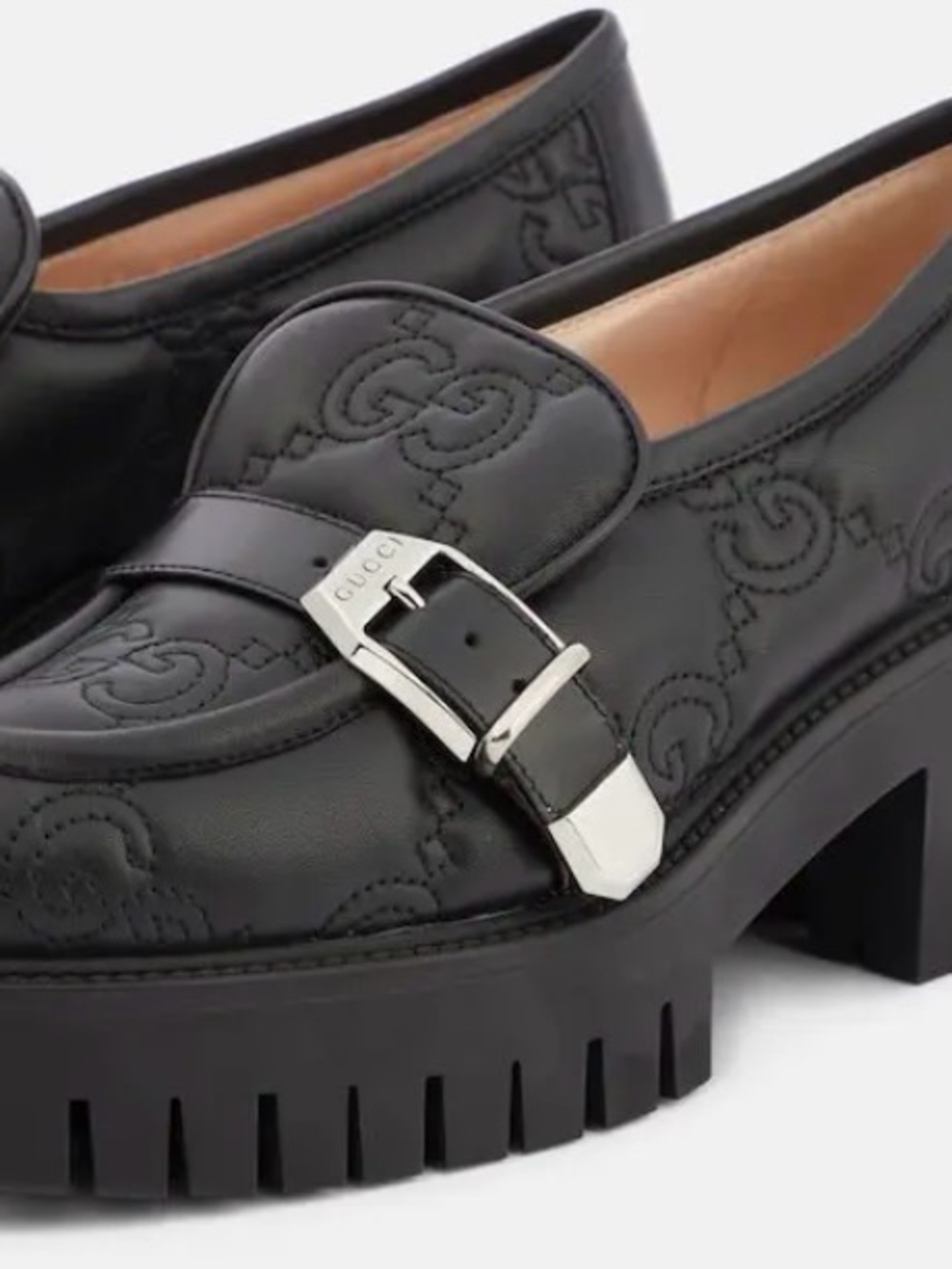 Gucci Black Leather Lug Sole Clog Mules with Silver Buckle